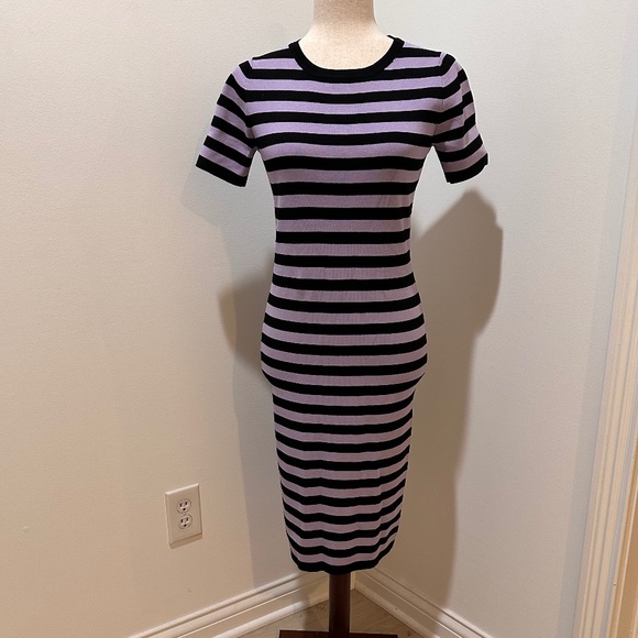 Nikkie Short Sleeve Fitted Knit Dress Black and Lavender Stripe - Picture 1 of 3